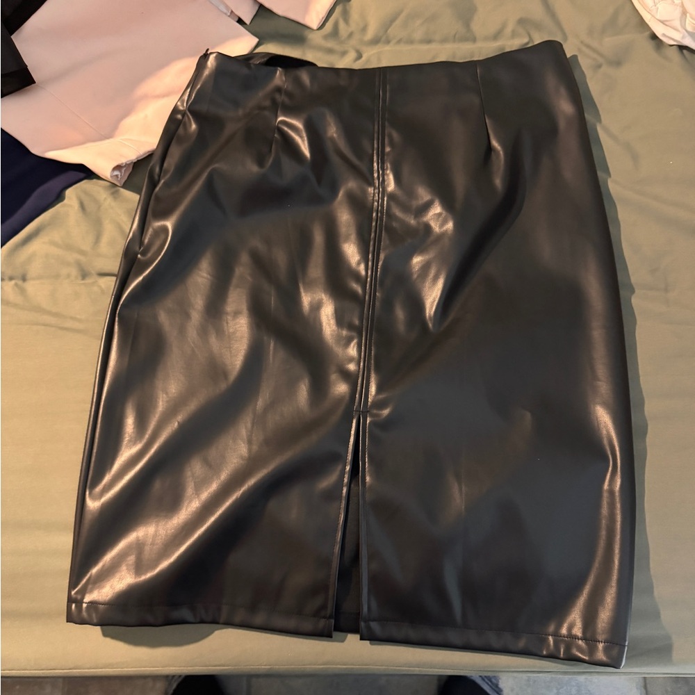 Panlege Black Faux Leather Pencil Skirt XL Size 12 with Front Slit
